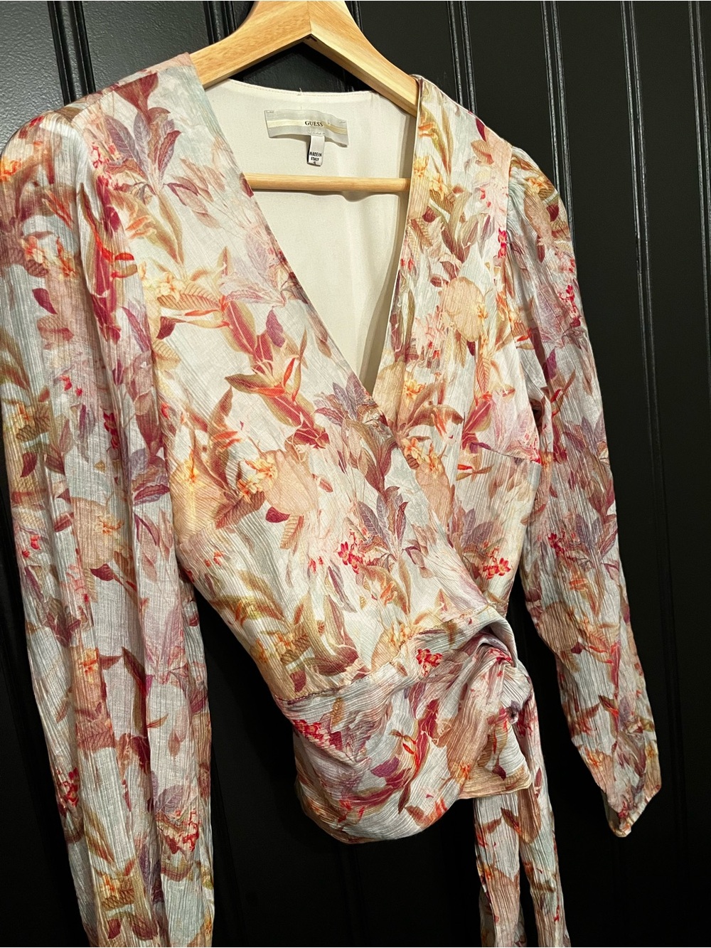 Guess Floral Wrap Blouse in Soft Pink and Cream